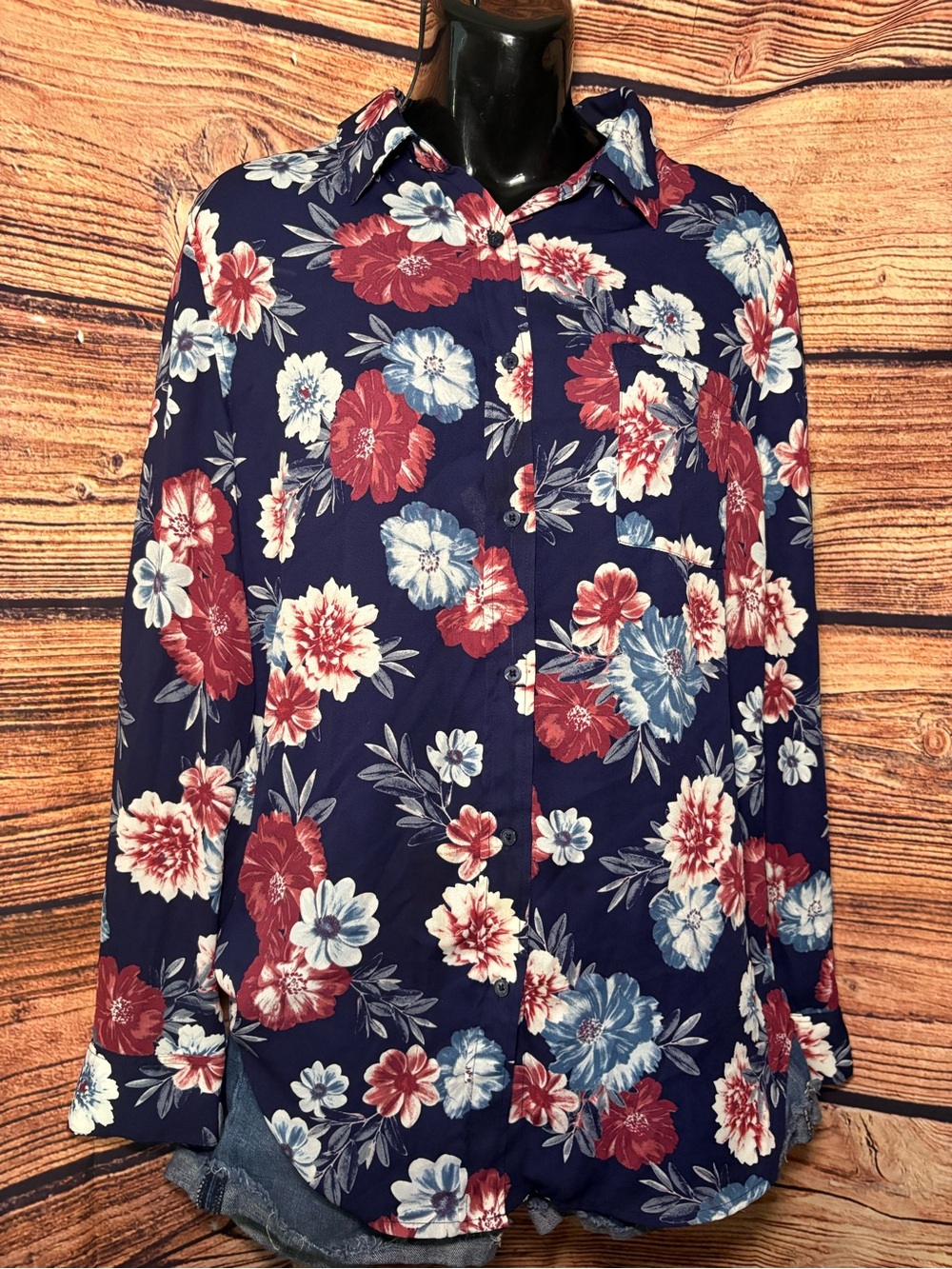 Banana Republic Navy Blue Floral Button-Up Blouse